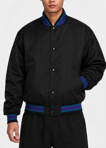 Blouson universitaire coupe-vent en PU noir pour homme, avec garnitures violettes et vertes, coupe droite, col montant, simple boutonnage, style décontracté, collection printemps - Product Image 4