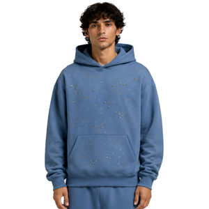 Sweat à capuche personnalisé pour homme, motif chimie en strass bleus, coupe oversize, en polaire épaisse, streetwear décontracté, avec logo personnalisé - Product Image 1
