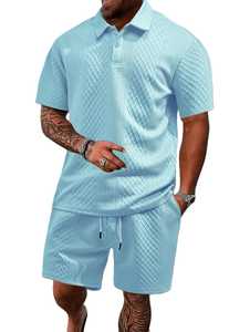 Conjunto de Camisa Polo Negra Acolchada y Pantalones Cortos para Hombre, Atuendo Casual de Dos Piezas para Verano, Transpirable y Ligero - Product Image 3