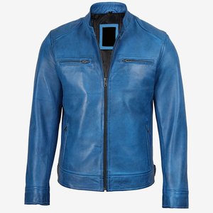 Chaqueta con cremallera azul y logotipo personalizado de nueva llegada para hombre, chaquetas de cuero vintage para hombre, chaquetas de invierno de alta calidad, ropa de calle. - Product Image 3
