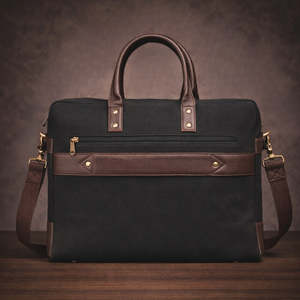 Sacoche pour ordinateur portable classique en toile, couleur noire, bicolore, durable, sac de bureau professionnel avec poignées en cuir et bandoulière - Product Image 2