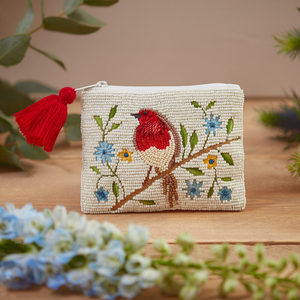 Pochette pour femme perlée avec motif oiseau rouge, fermeture éclair, décoration pompon, style vintage - Product Image 1