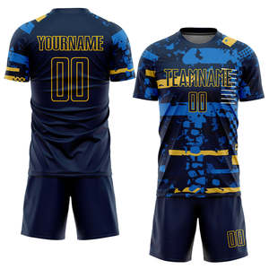 Uniforme de football personnalisé bleu marine jaune à motif abstrait, maillot de football personnalisé avec nom et numéro d'équipe, short, kit complet pour hommes et jeunes - Product Image 1