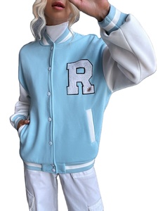 Customized Chenille Embroidery Women's Baseball <b>Jackets</b> Solid Color Breathable Cotton Fleece Wool <b>Varsity</b> Letterman Style - Product Image 1
