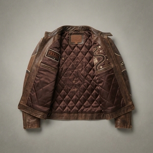 Blouson Moto Homme en Cuir Marron 68 Road avec Patch Brodé, Col Montant, Fermeture Éclair, Style Automne, Doublure en Polyester - Product Image 5
