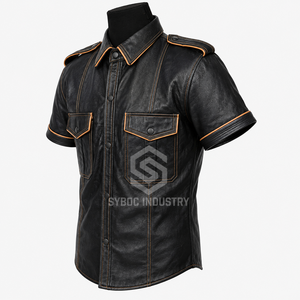 เสื้อเชิ้ตหนังสีดำ แขนสั้น แต่งขอบตัดกัน จับจีบด้านหน้า ที่บ่าเสื้อมีแถบผ้า กระเป๋าคู่ สไตล์เรโทร เหมาะสำหรับงานปาร์ตี้ - Product Image 4