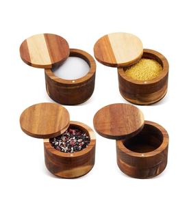 Boîte à sel en bois d'olivier avec couvercle, finition grain de bois naturel, conteneur de rangement pour assaisonnements, moderne et compatible micro-ondes, par Craft Emporium Exports - Product Image 1