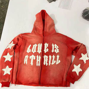 เสื้อฮู้ดซิปผู้ชายสไตล์วินเทจ แต่งลายปักแบบดิสเทรส ผ้าฝ้าย 100% ระบายอากาศได้ดี ทรงหลวม - Product Image 4