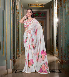 Sari indien tendance et magnifique à volants, en faux georgette, avec broderies, pour femmes, idéal pour les fêtes, les mariages et les tenues d'hiver - Product Image 1