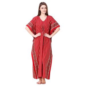 Robe Kaftan Vintage 100% Coton Rayée Rouge Coupe Trapèze Longueur Genou Col en V Imprimée Décontractée pour l'Été - Product Image 2