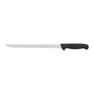 Cuchillos largos para rebanar con mango negro, hoja recta estrecha plateada, protector de dedos y agarre curvo para cortar carne y uso en cocina - Product Image 1