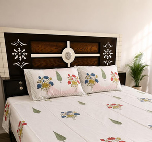 Hand Block Print <b>King</b> <b>Size</b> Cotton Bed <b>Sheet</b> White Floral Bedding Set with Pillow Covers Jaipur Handmade Indian Boho Bedroom - Product Image 5