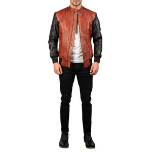Men’s Cognac Brown and Black Genuine Leather Jacket Two Tone Contrast Sleeves Stand Collar Full <b>Zip</b> Casual Outerwear - Product Image 5