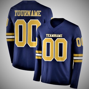 Maillot de football bleu marine personnalisé 100 % polyester, respirant et anti-humidité, manches longues, avec nom et numéros d'équipe, haut de sport d'été - Product Image 1