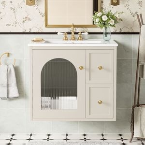 Mobile Bagno Sospeso da 24 Pollici per Spazi Ridotti con Lavabo in Ceramica, 2 Cassetti e 1 Anta con Chiusura Ammortizzata - Product Image 3