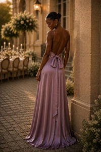 Elegant Satin Backless Floor-Length <b>Dress</b> With Bow Detail Spaghetti <b>Strap</b> Sheath Style Formal Occasion Wear For Women - Product Image 1