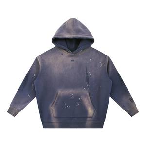 Sudadera con capucha de algodón 100% para hombre, estilo vintage, gris nube, con doble capucha, patchwork y efecto desgastado, para otoño, venta al por mayor, personalizada, estilo streetwear. - Product Image 3