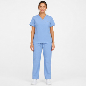 Women Light Blue V-Neck <b>Scrub</b> <b>Set</b> With Pockets Hospital Uniforms Woven Polyester Cotton Pants and Top - Product Image 4