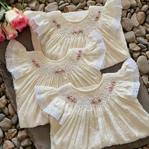 High Quality Baby Girl Linen Dress Handmade Smocked Organic Cotton Breathable Washable Floral Design - Product Image 1