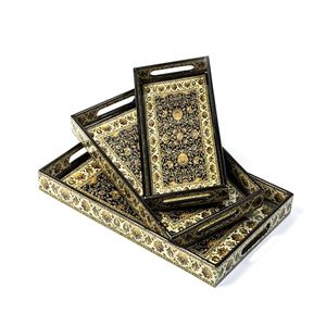 Plateau de service rectangulaire moderne en bois avec finition émaillée florale, utilisable comme table basse mobile - Product Image 1