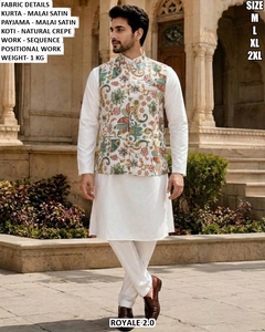 Kurta Payama en satin blanc Malai pour homme Royal 2.0 avec Koti brodé violet, tenue traditionnelle de mariage, tailles M, L, XL, 2XL - Product Image 4