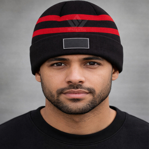 Bonnet noir unisexe avec rayures rouges, tricoté à la machine, chapeau d'hiver chaud, style décontracté, taille adulte 56-58CM - Product Image 4
