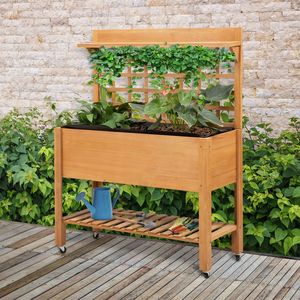 Fioriera Classica in Legno Marrone con Ripiano e Ruote, Letto Rialzato da Giardino per Decorazione di Casa, Giardino e Balcone, per Verdure e Fiori - Product Image 2