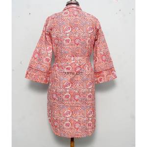 Indian <b>Boho</b> Women's Casual Dresses 100% Cotton Knitted Floral Print Long Sleeve V-Neck Bodycon Eco-Friendly Washable Button Dry - Product Image 6