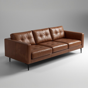 Sofá Moderno de 3 Plazas de Cuero Vacuno Genuino Estilo Mid-Century con Estructura de Madera y Líneas Limpias para Sala de Estar - Product Image 1