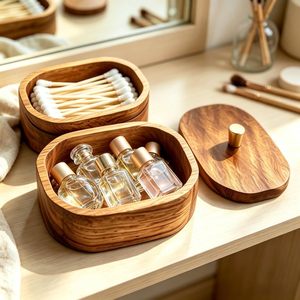 Boîte de rangement en bois naturel écologique pour cotons-tiges et boules de coton, avec couvercle, pour salle de bain, décoration minimaliste pour coiffeuse - Product Image 4