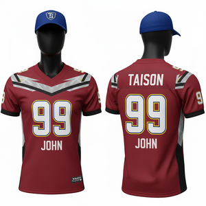Maillot de football américain personnalisé en maille polyester 220 GSM, corps rouge, panneaux d'épaule gris et noir, impression par sublimation du nom et du numéro - Product Image 1