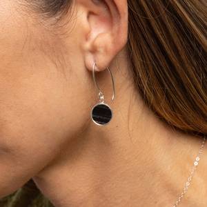 Black Obsidian Drop <b>Earrings</b> 925 Sterling Silver Long Circle Design Trendy Minimalist Wedding & Party Jewelry Women/Unisex - Product Image 3