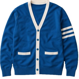 Suéter Cárdigan de Punto al por Mayor para Mujeres Universitarias, Color Blanco y Azul, Cuello en V, Estilo Universitario, Manga a Rayas, OEM - Product Image 6
