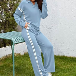 Conjuntos de Salón para Mujer: Chándal de Cuello en V con Pantalones de Pierna Ancha de 2 Rayas, Traje de 2 Piezas con Bolsillos, Ropa Cómoda para Estar en Casa - Product Image 5