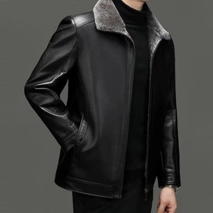 Veste en cuir marron foncé pour homme avec col en fausse fourrure beige, style aviateur classique, fermeture éclair sur le devant, décontractée pour l'hiver - Product Image 3