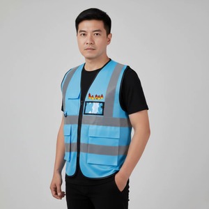 Gilet de travail léger pour homme, bleu, avec bandes réfléchissantes, fermeture éclair, respirant, en polyester, vêtement d'extérieur décontracté, poche avant avec logo - Product Image 3