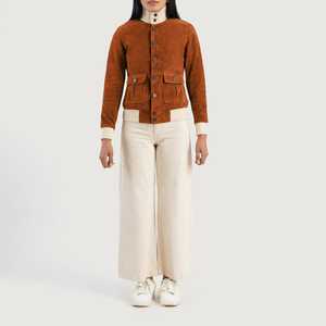Chaqueta Bomber de Gamuza Marrón para Mujer, Manga Larga, Cuello Alto, Cierre de Cremallera, Estilo Otoñal, Servicio de Muestra Disponible - Product Image 4