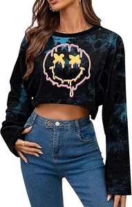 Women's Tie Dye Crop <b>Top</b> Long Sleeve O-Neck Knitted Sweatshirt Cartoon Smiley Print Y2K Style Autumn Wear - Product Image 6