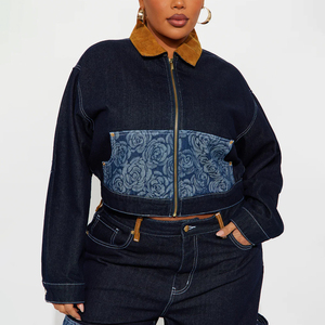 Women's <b>Denim</b> Jacket Floral Print Contrast Collar Zipper Front Loose Fit Stonewashed Cotton Autumn Casual <b>Coat</b> - Product Image 1