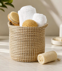 Panier de rangement multifonctionnel écologique en jonc de mer tressé beige avec couvercle, en coton et lin, pour salon et salle de bain - Product Image 2