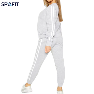 Ensemble de survêtement léger pour femme SPOFIT, imprimé gris, polyester/coton, manches longues, col rond, sweat-shirt et pantalon blanc - Product Image 1