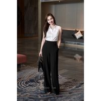 Pantalon formel plissé taille haute ample et respirant pour femme, idéal pour le bureau ou les soirées estivales - Q641