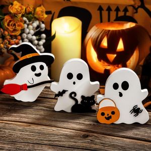 Decorazioni di Halloween: Set di 3 Vassoi in Legno con Gatti Neri, Pipistrelli, Scopa da Strega e Cartelli a Forma di Zucca - Product Image 1