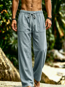 Pantalon décontracté d'été ample pour homme KLTW INT'L, gris clair, coupe large, en lin et coton respirant, léger, taille élastique avec cordon de serrage - Product Image 6
