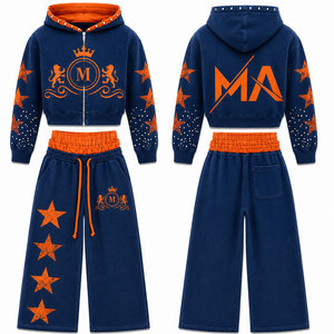 Men Blue Orange Star Print Stonewashed Tracksuit Set Full Length 100% Cotton 450 Gsm Acid Wash Casual Loose Fit Winter Wear - Product Image 1