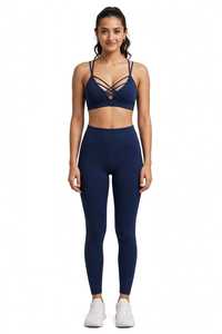 <b>Women's</b> Ribbed Seamless Crisscross Strap Sports Bra High Waist Yoga Set Solid <b>Navy</b> 2 Piece Quick Dry Activewear - Product Image 5