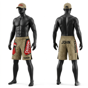Shorts MMA Premium 220 GSM en polyester et élasthanne, noir et orange, avec empiècements latéraux en mesh, logo personnalisé par sublimation - Product Image 2