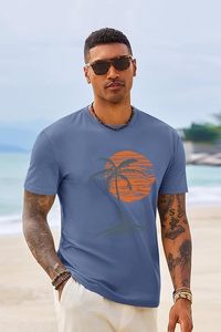 Camiseta de Manga Larga Azul para Hombre, Estampado de Palmeras al Atardecer, Cuello Redondo, Estilo Casual, 100% Algodón Jersey, Estampado Digital - Product Image 5