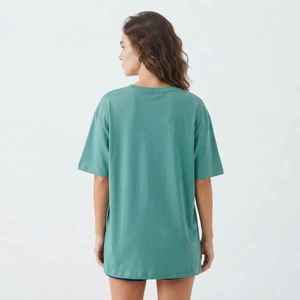 Camiseta de Manga Corta con Cuello en V para Mujer, Color Verde Azulado, Corte Holgado, 100% Algodón, Estilo Casual, con Logotipo, para Primavera/Verano - Product Image 4