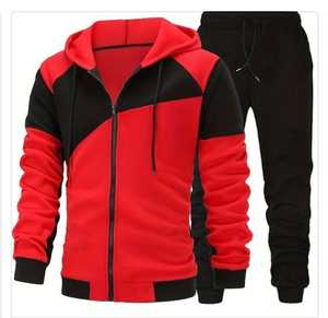 Conjunto deportivo de dos piezas con capucha y cremallera para hombre, en bloques de color rojo y negro, informal. - Product Image 1